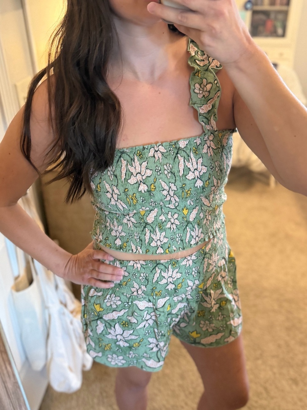 aerie Sage Green Floral Smocked Crop Top & Shorts Set